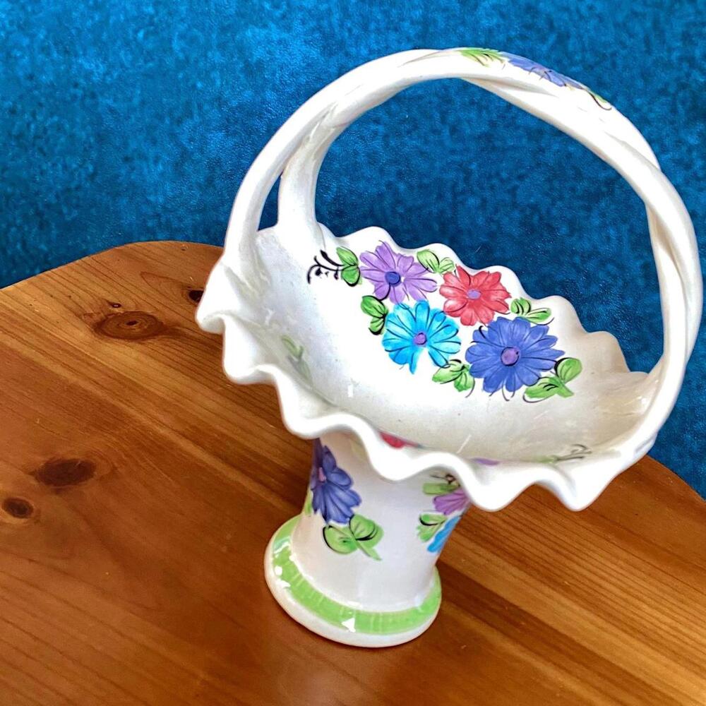 Vintage Floral Hand Painted Ceramic Basket with Braided Handle Spring Decor